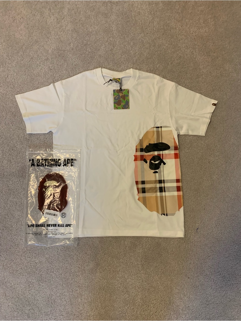 White Short-Sleeve Tee with Beige Plaid Ape Motif